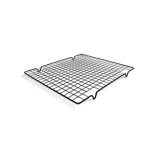 Black wire mesh cooling rack side angle photo white background