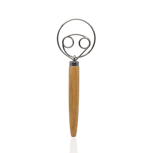 Metal Danish dough whisk with wooden handle on a white background