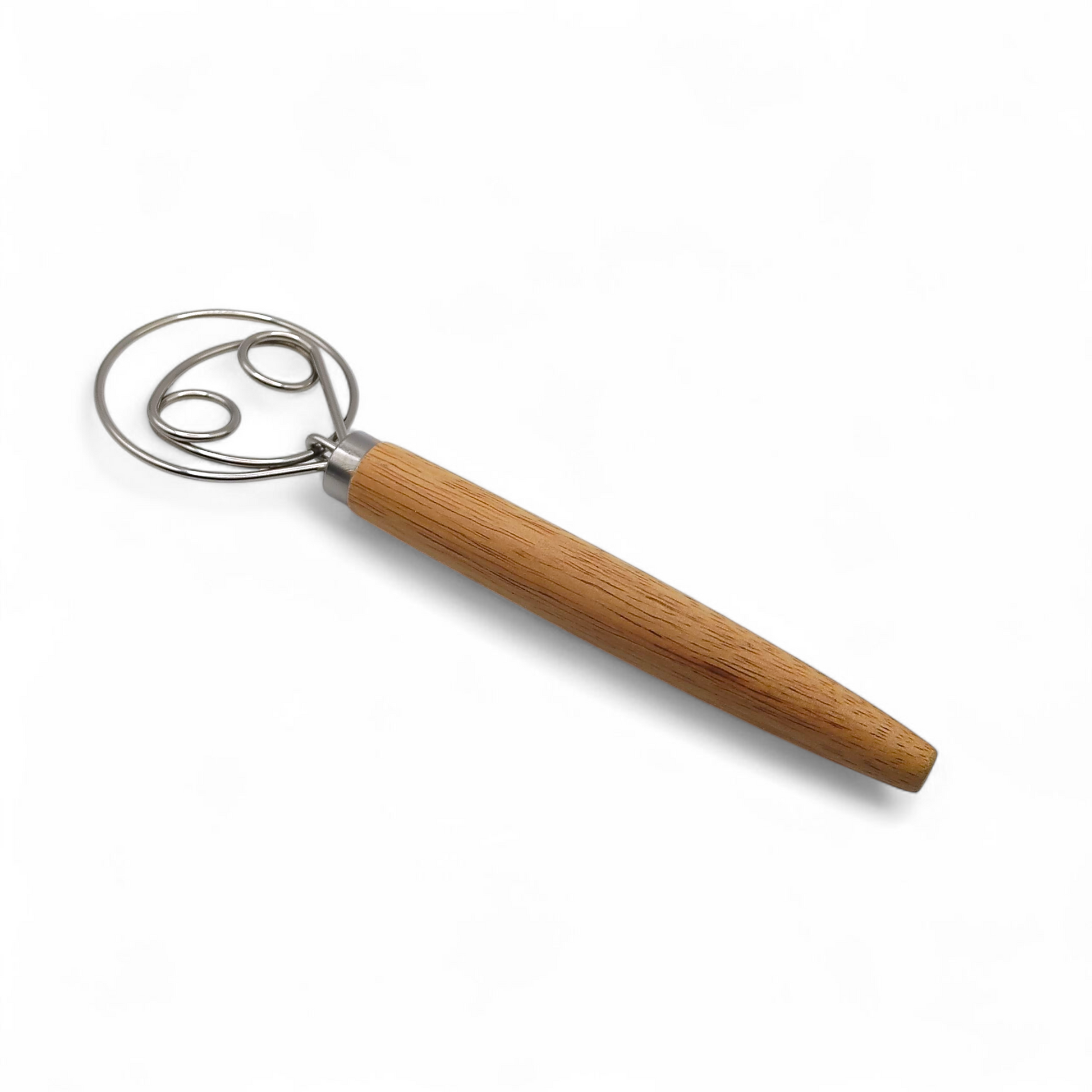 Metal Danish dough whisk with a wooden handle for making sourdough on a white background
