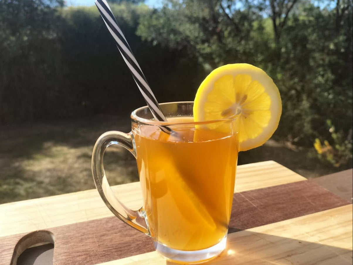 Refreshing glass of kombucha with a lemon slice, glowing under the sunlight on a bright day.