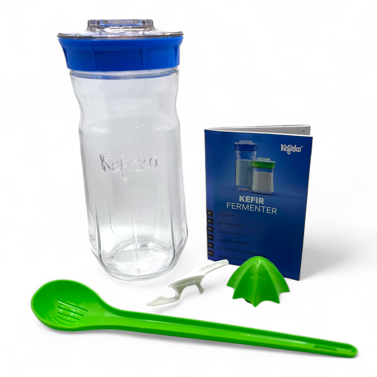 Large Kefirko fermenter kit with accessories and a blue booklet on a white background