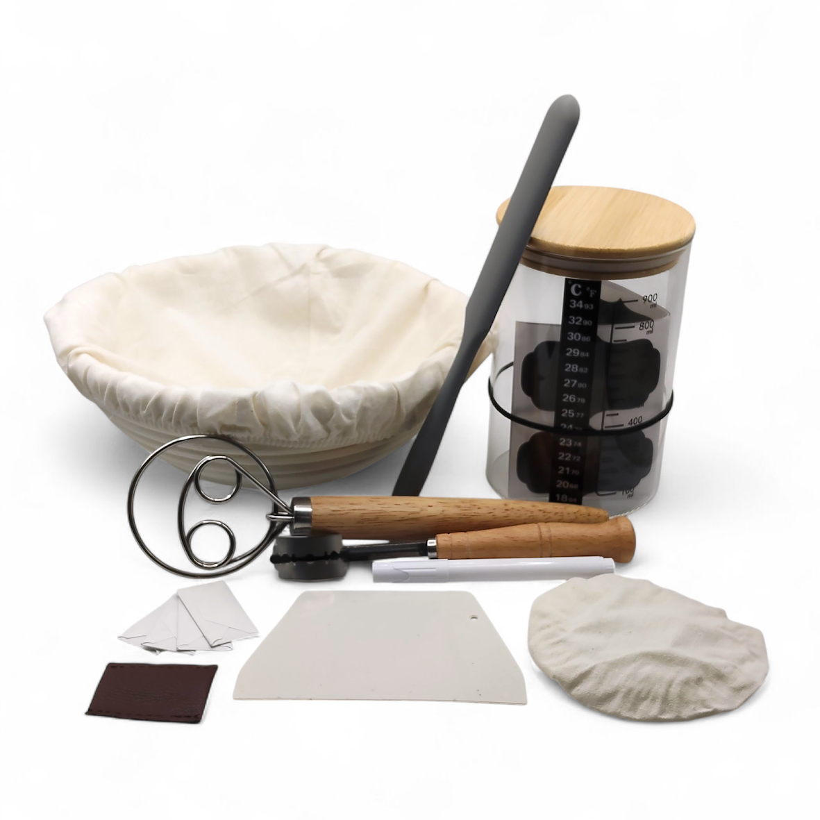 Sourdough master kit with glass jar, plastic scraper, cloth lid, 22cm round banneton, Danish dough whisk, bread lame, white marker, and metal blades