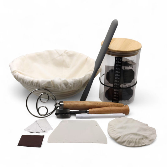 Sourdough master kit with glass jar, plastic scraper, cloth lid, 22cm round banneton, Danish dough whisk, bread lame, white marker, and metal blades