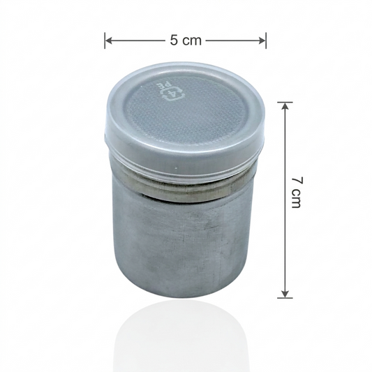 Silver metal flour duster with a lid and dimensions labeled on a white background