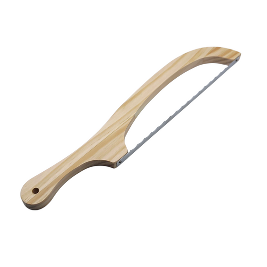 Wooden bread saw for cutting bread with a serrated metal blade on a white background