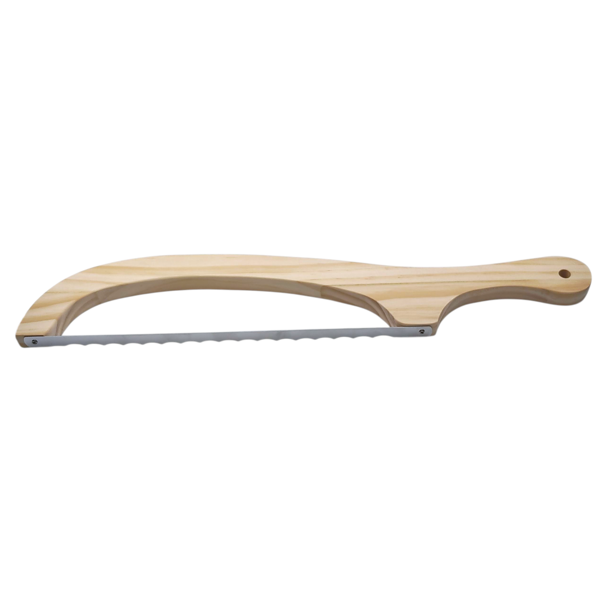Wooden handled serrated bread bow knife on white background