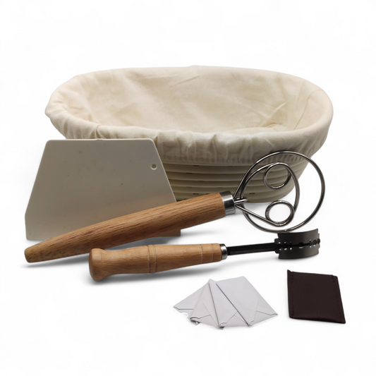 Sourdough baking kit with Danish dough whisk, wooden bread lame with spare blades and leather cover, 25cm oval banneton with cloth liner, and plastic scraper