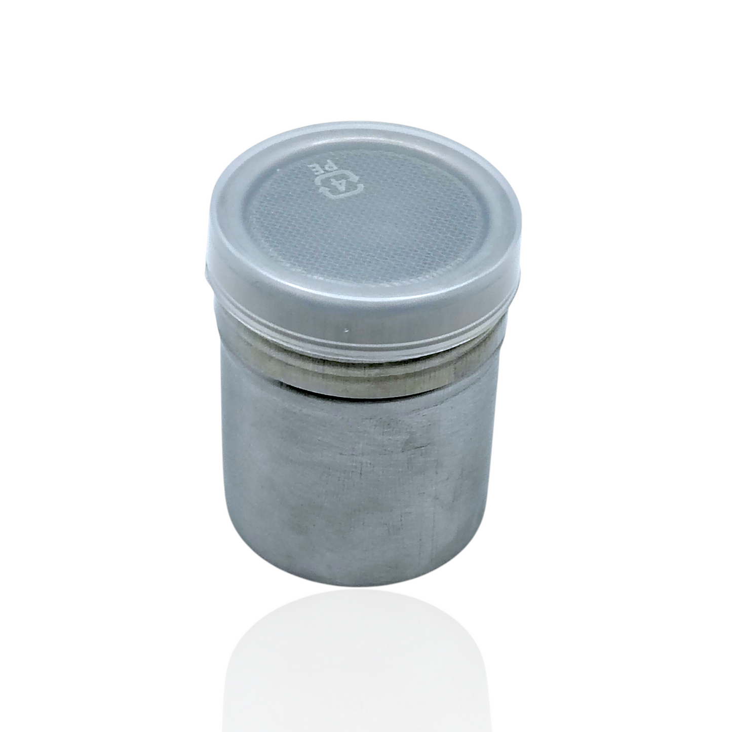 Stainless steel flour duster canister with mesh lid, covered by plastic lid