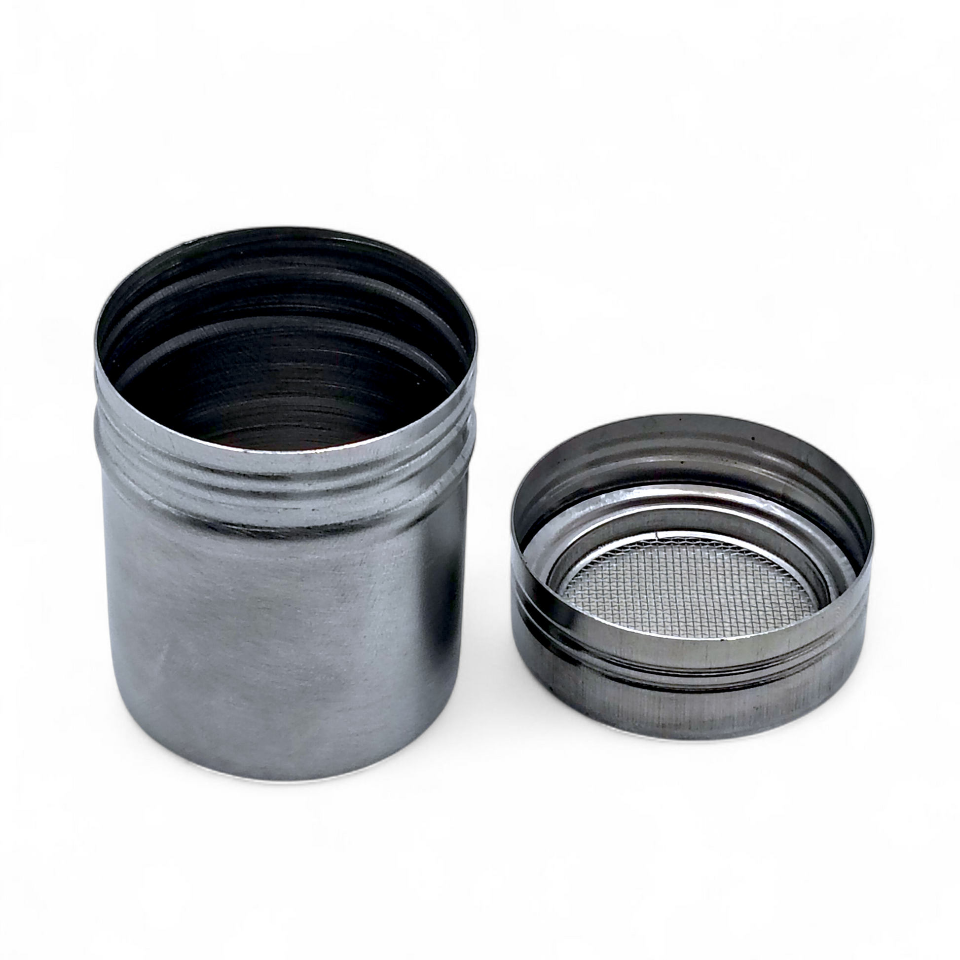 Stainless steel flour duster with its lid off, front facing photo