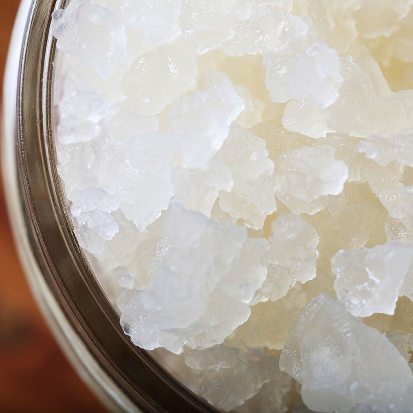 Close-up of fresh water kefir grains in a glass jar — probiotic-rich culture for homemade fermented drinks from Happy Cultures Australia.