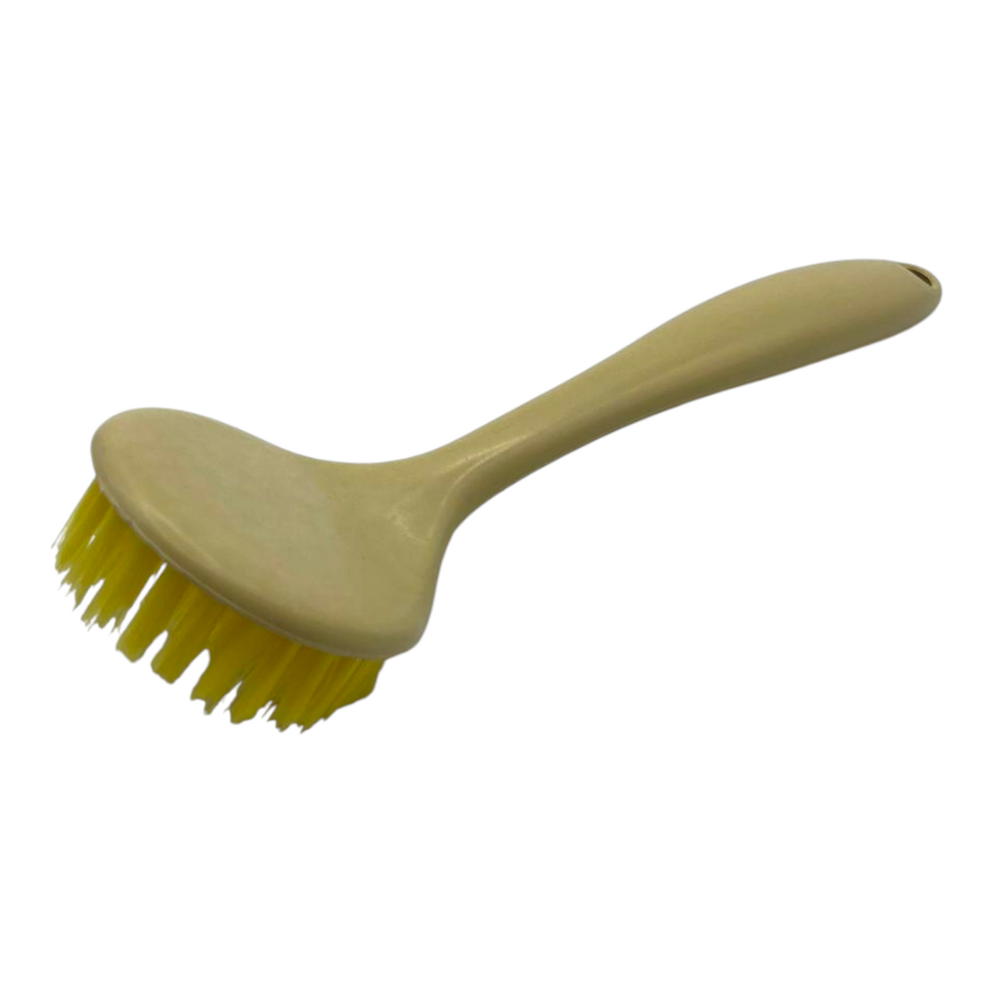 Beige plastic banneton cleaning brush with handle with yellow bristles on a white background