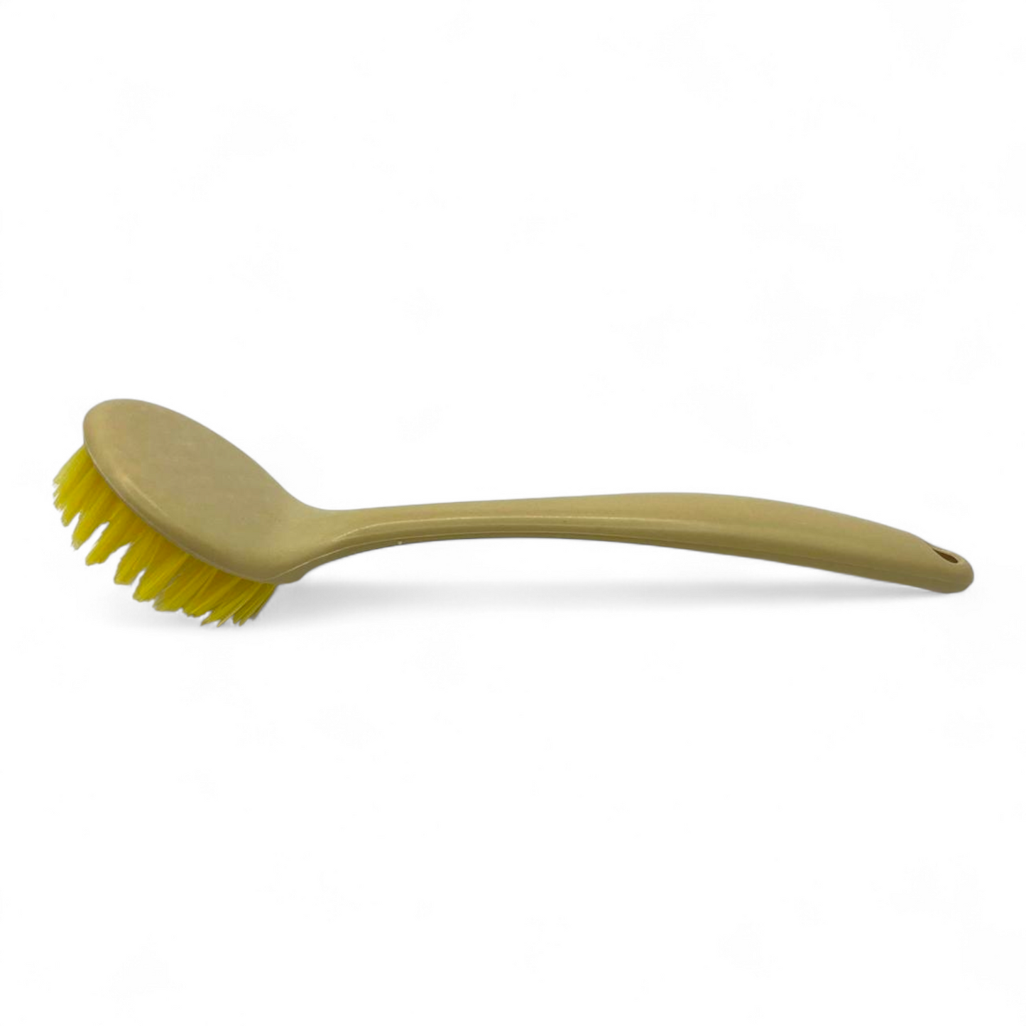 Beige plastic banneton cleaning brush with handl and yellow bristles on white background