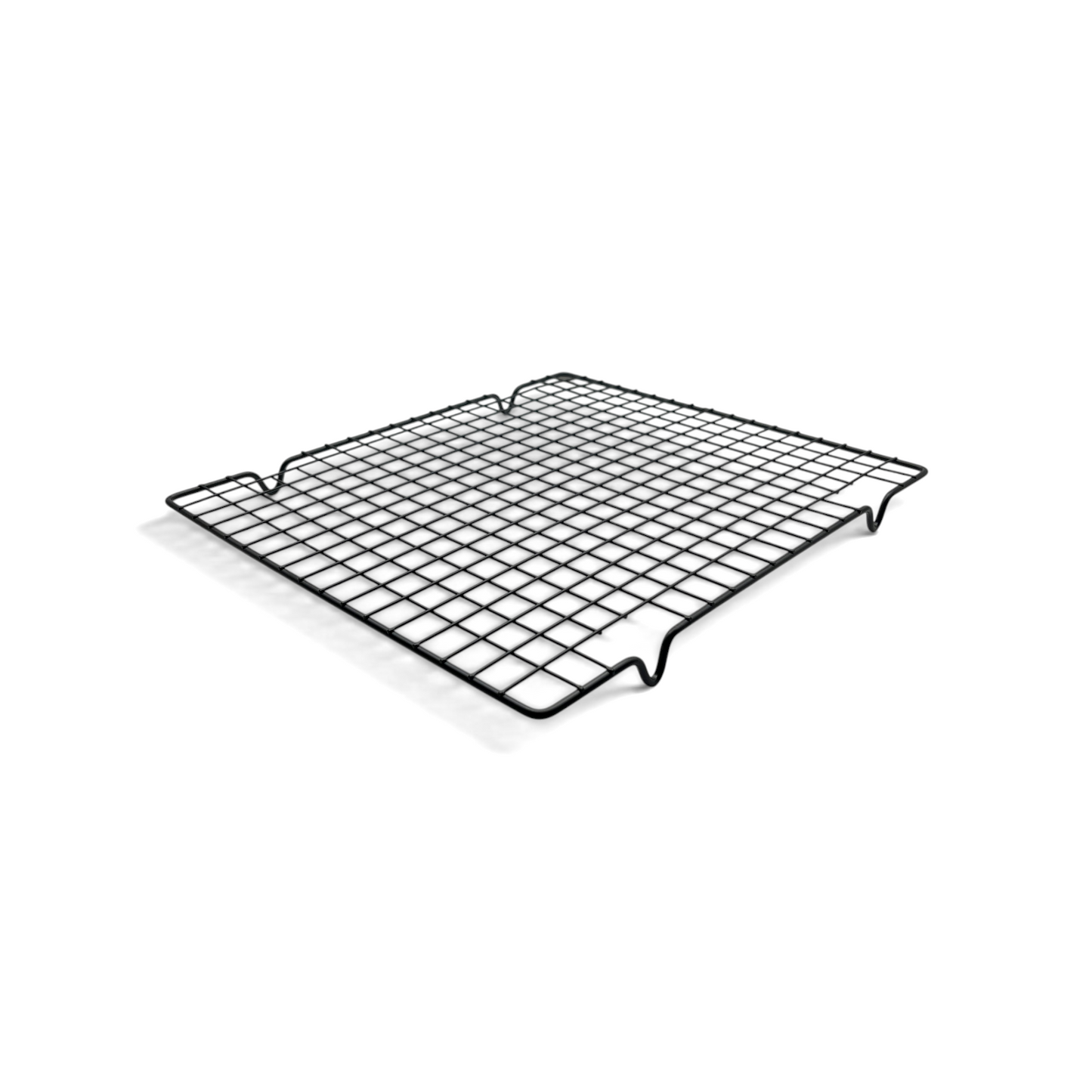 Black wire mesh cooling rack side angle photo white background 