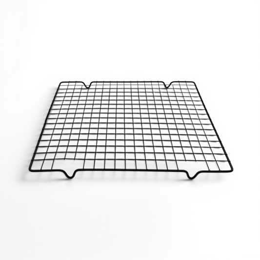 Metal cooling rack with grid pattern on a white background