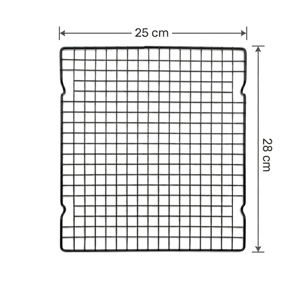 Black wire cooling rack with measurments on white background 
