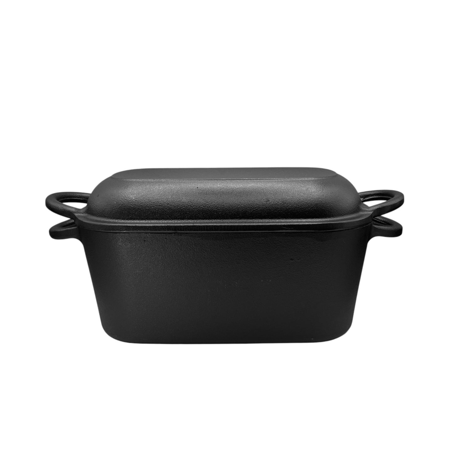 Picture of black dutch oven from a side angle with white background behind 