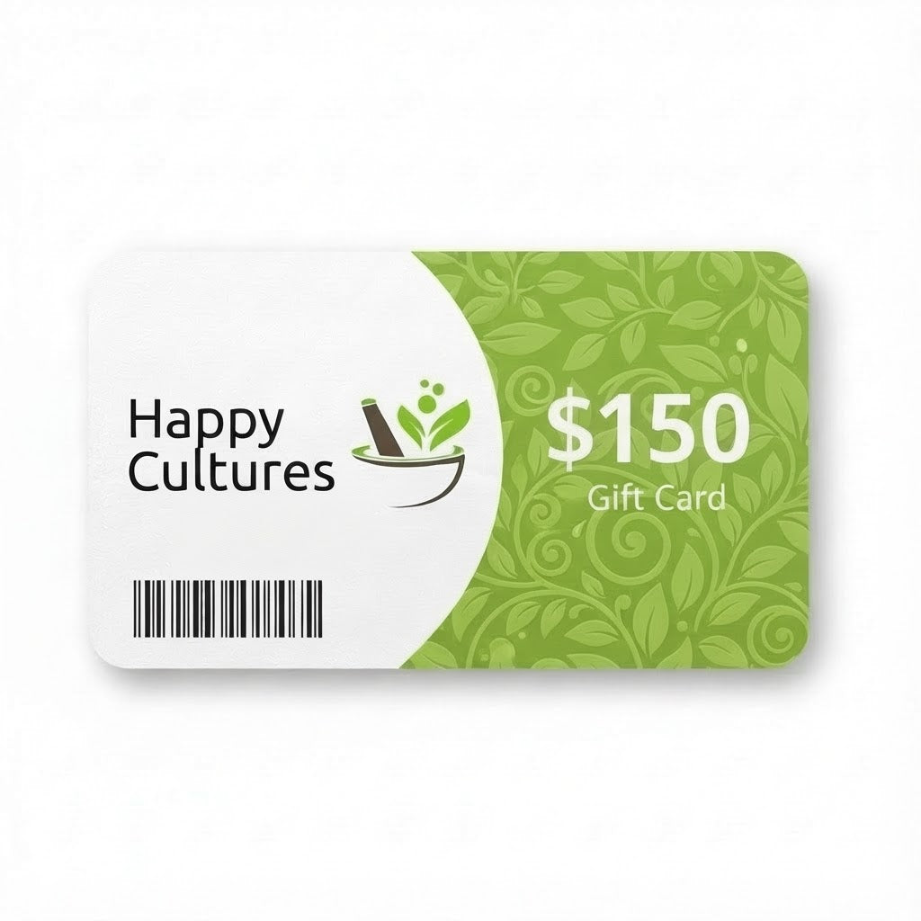 Happy Cultures $150 gift card with green design and barcode on white background