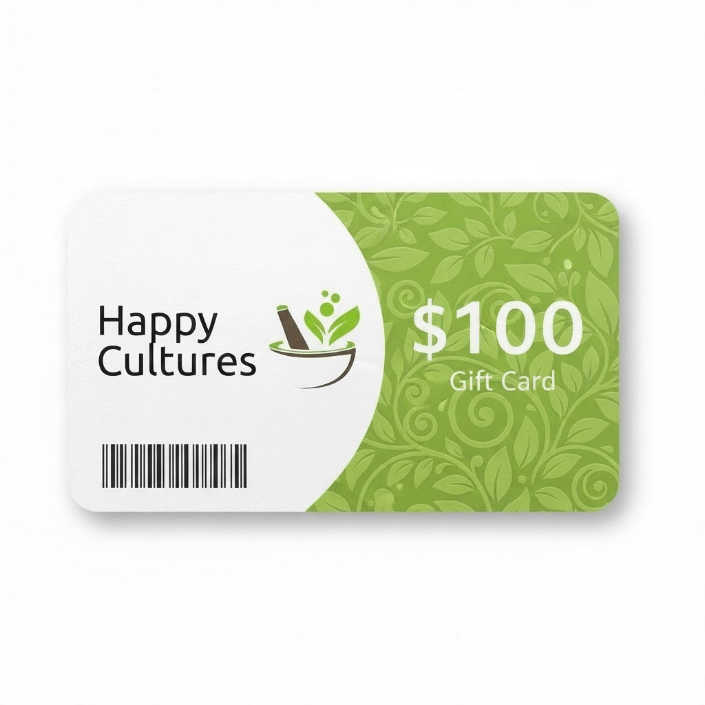 Happy Cultures $100 gift card with green design and barcode on a white background