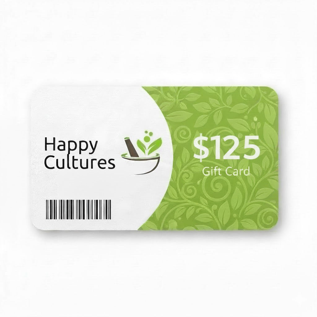 Happy Cultures gift card with a green floral design and $125 value on a white background