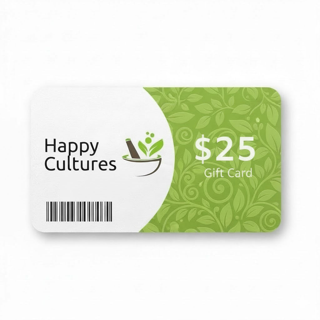 Happy Cultures $25 gift card with green floral design on a white background