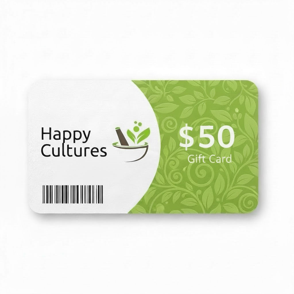 Happy Cultures $50 gift card with green design and logo on a white background