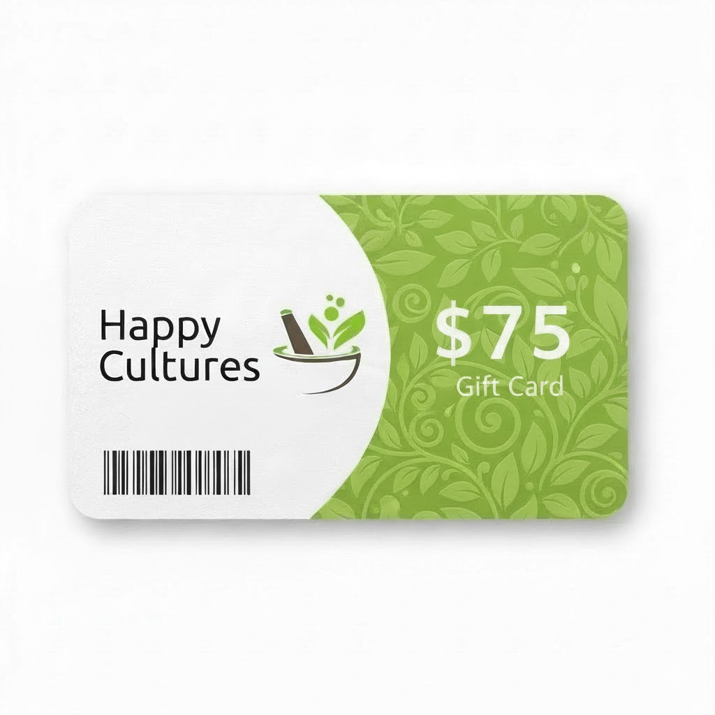 Happy Cultures gift card with green leaf pattern and $75 value on a white background