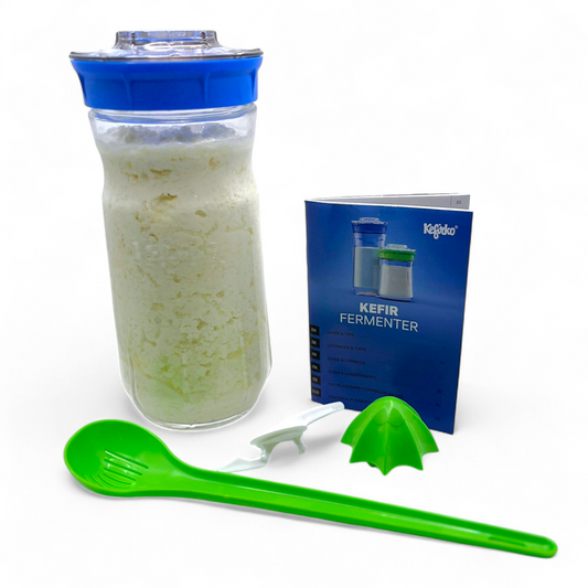 Large blue Kefirko fermenter with milk kefir grains, a green spoon, and a blue manual on a white background