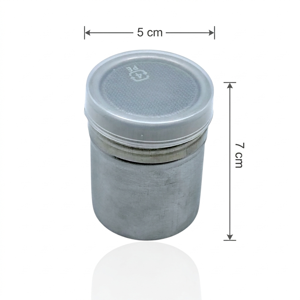 Silver metal flour duster with a lid and dimensions labeled on a white background