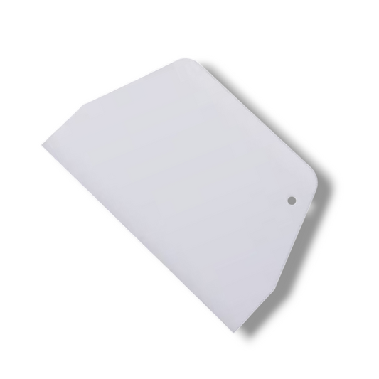 White plastic bench scraper on white background. 