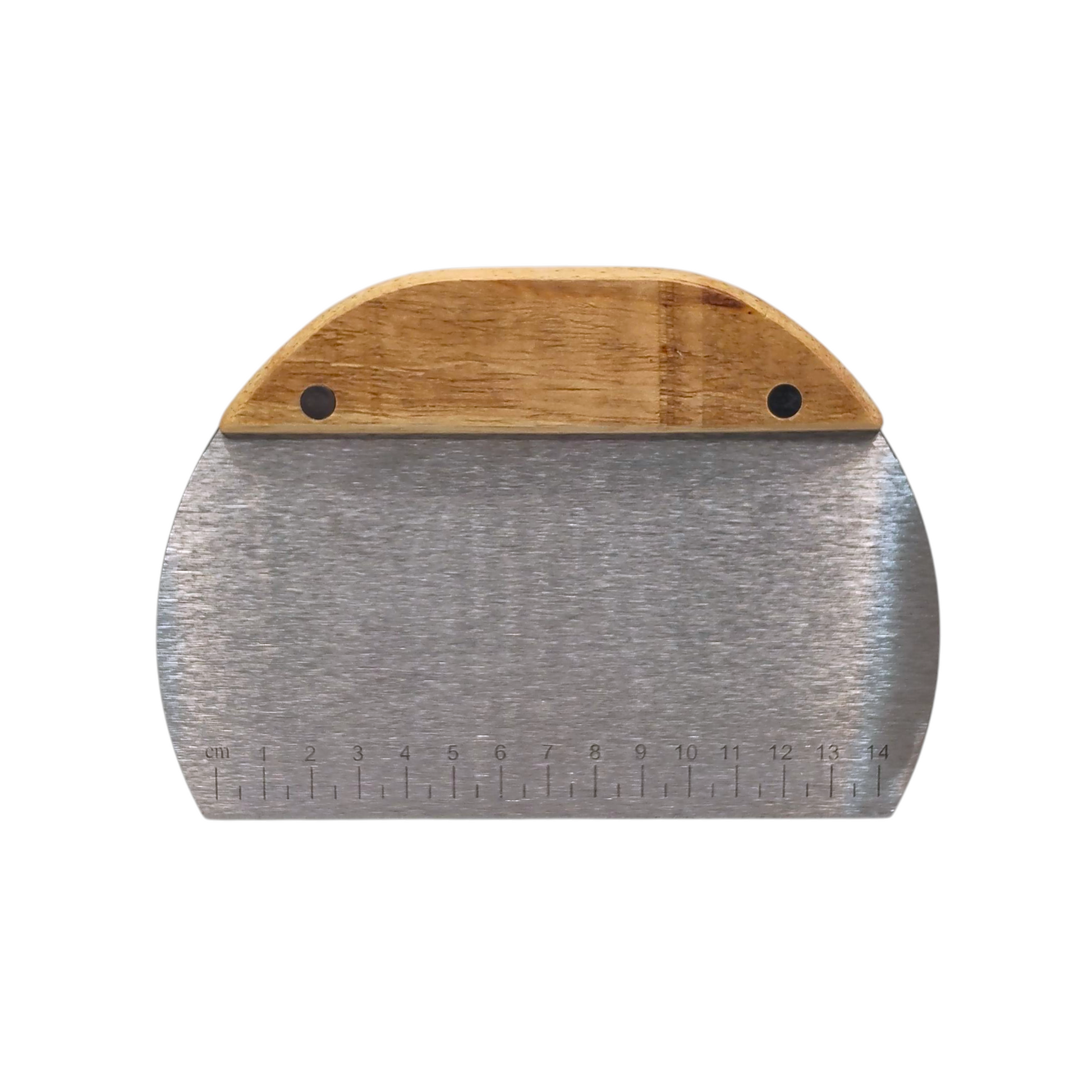 Stainless steel bread scraper spatula with wooden handle on a white background