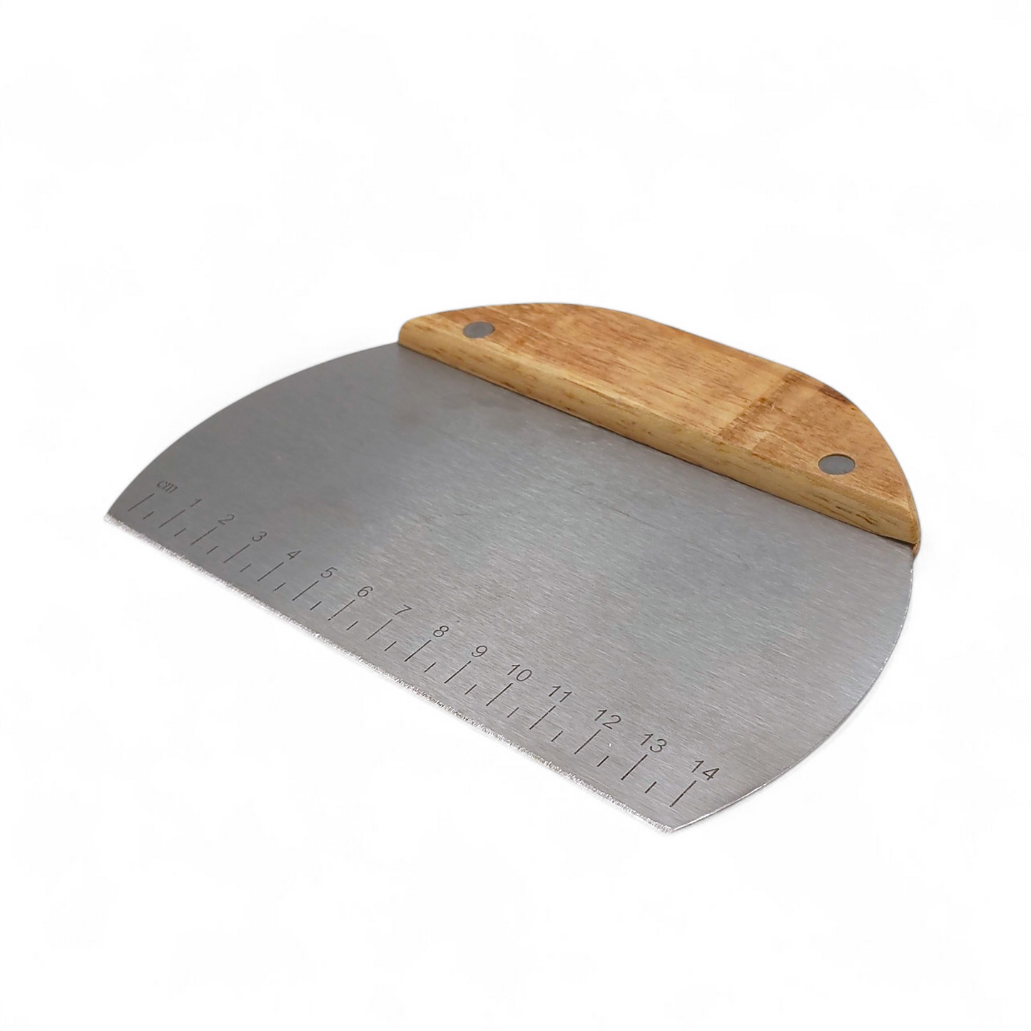 Stainless steel bench scraper with wooden handle for making bread side angle view