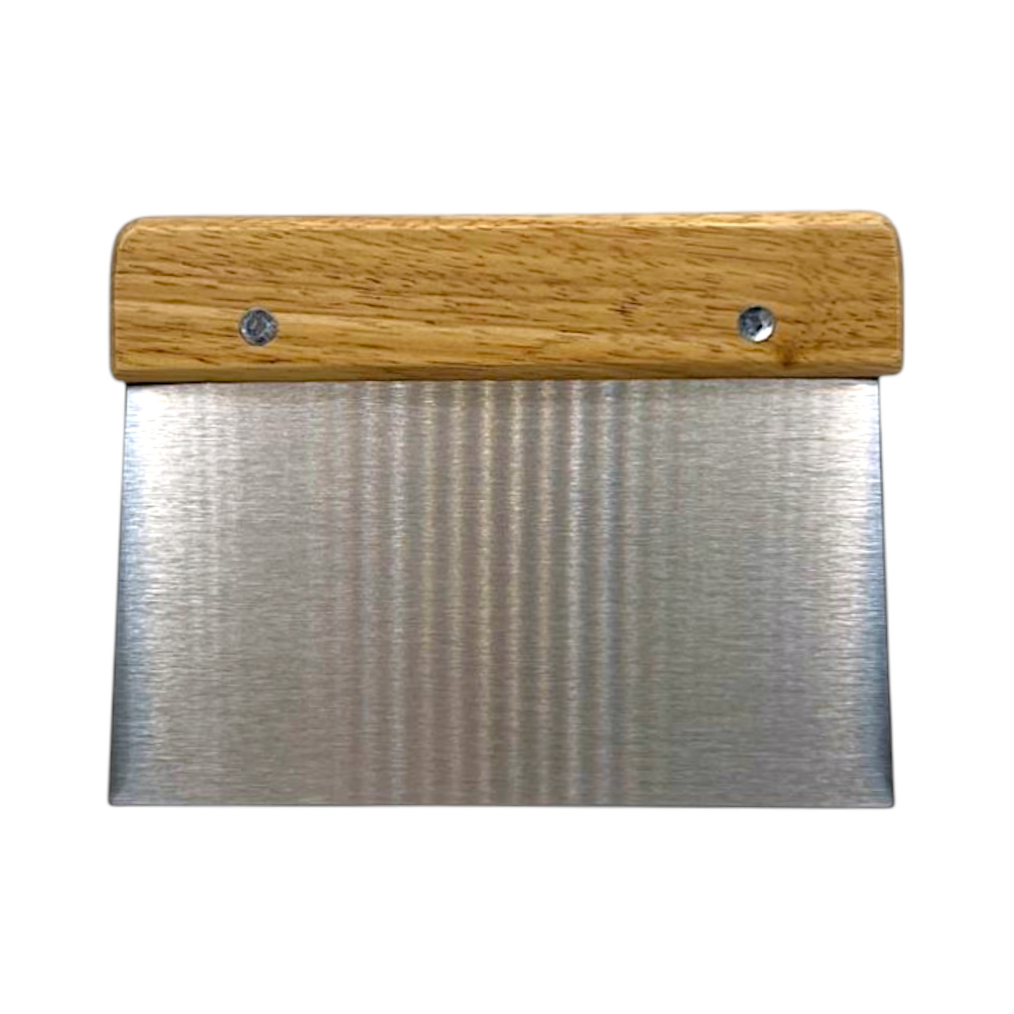 Stainless steel metal spatula with wooden handle on a white background upright 